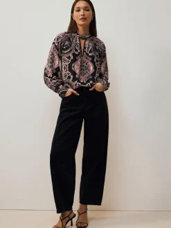 Black/Pink Paisley Long Sleeve Twist Neck Jersey Blouse