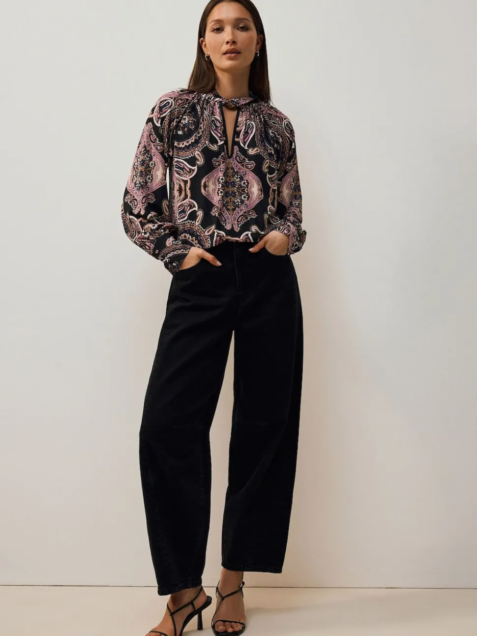 Black/Pink Paisley Long Sleeve Twist Neck Jersey Blouse