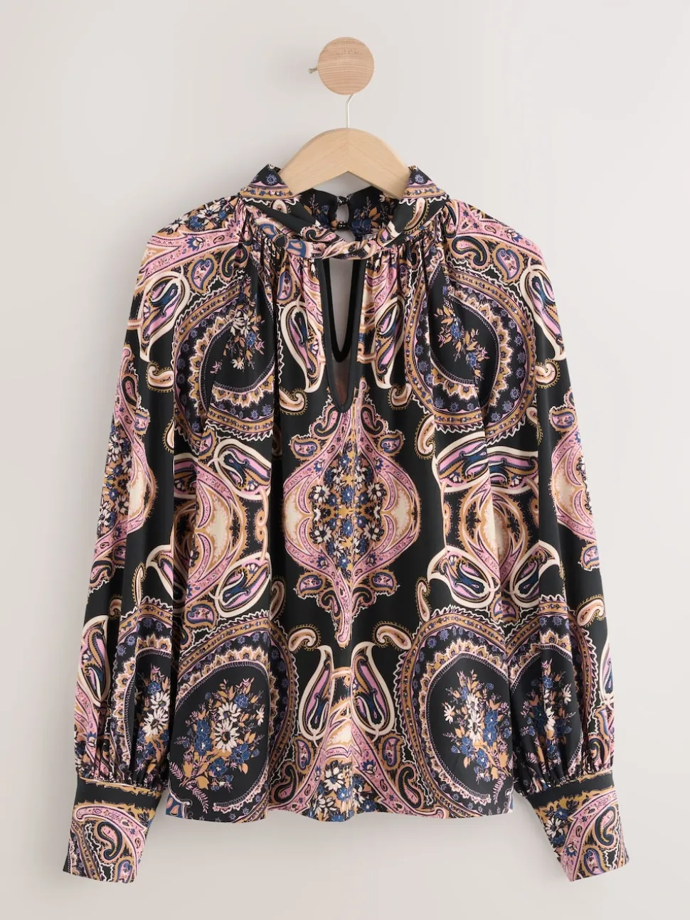 Black/Pink Paisley Long Sleeve Twist Neck Jersey Blouse