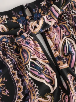 Black/Pink Paisley Long Sleeve Twist Neck Jersey Blouse