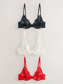Black/Red/Cream Non Pad Full Cup Lace Bras 3 Pack