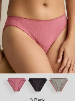 Black/Rose/Olive High Rise High Leg Cotton Rib Knickers 3 Pack