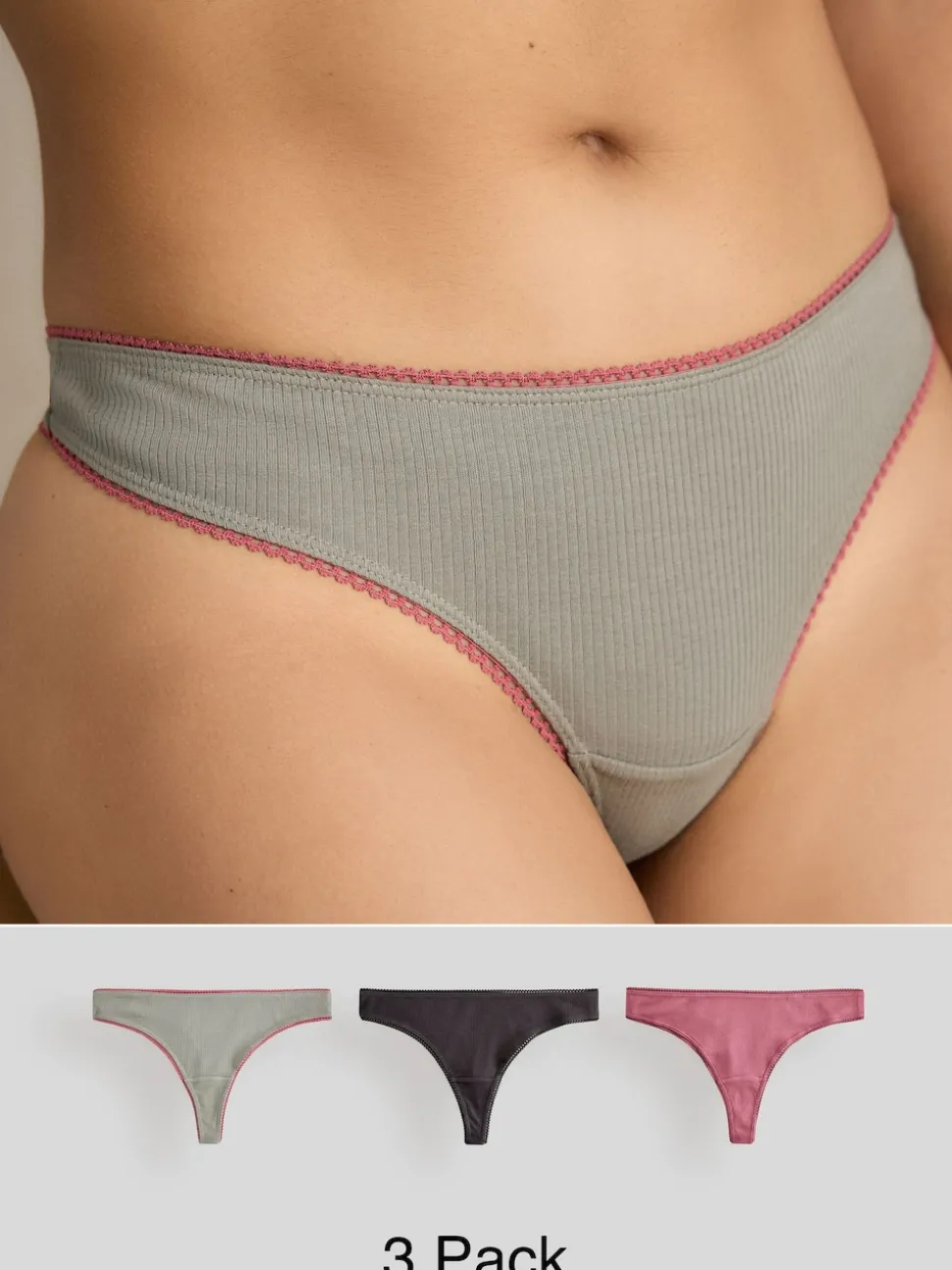 Black/Rose/Olive Thong Cotton Rib Knickers 3 Pack