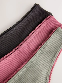 Black/Rose/Olive Thong Cotton Rib Knickers 3 Pack