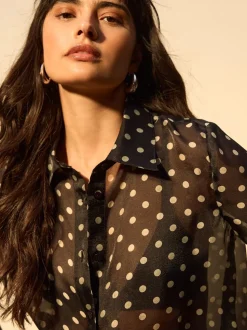 Black/Sage Polka Dot Sheer Long Sleeve Shirt