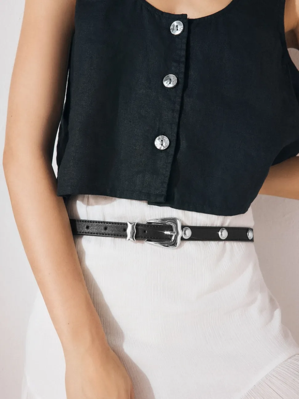 Black/Silver Skinny Western Pu Belt