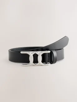 Black/Silver Tone Regular Statement Buckle Leather Belt