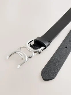 Black/Silver Tone Regular Statement Buckle Leather Belt