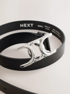 Black/Silver Tone Regular Statement Buckle Leather Belt
