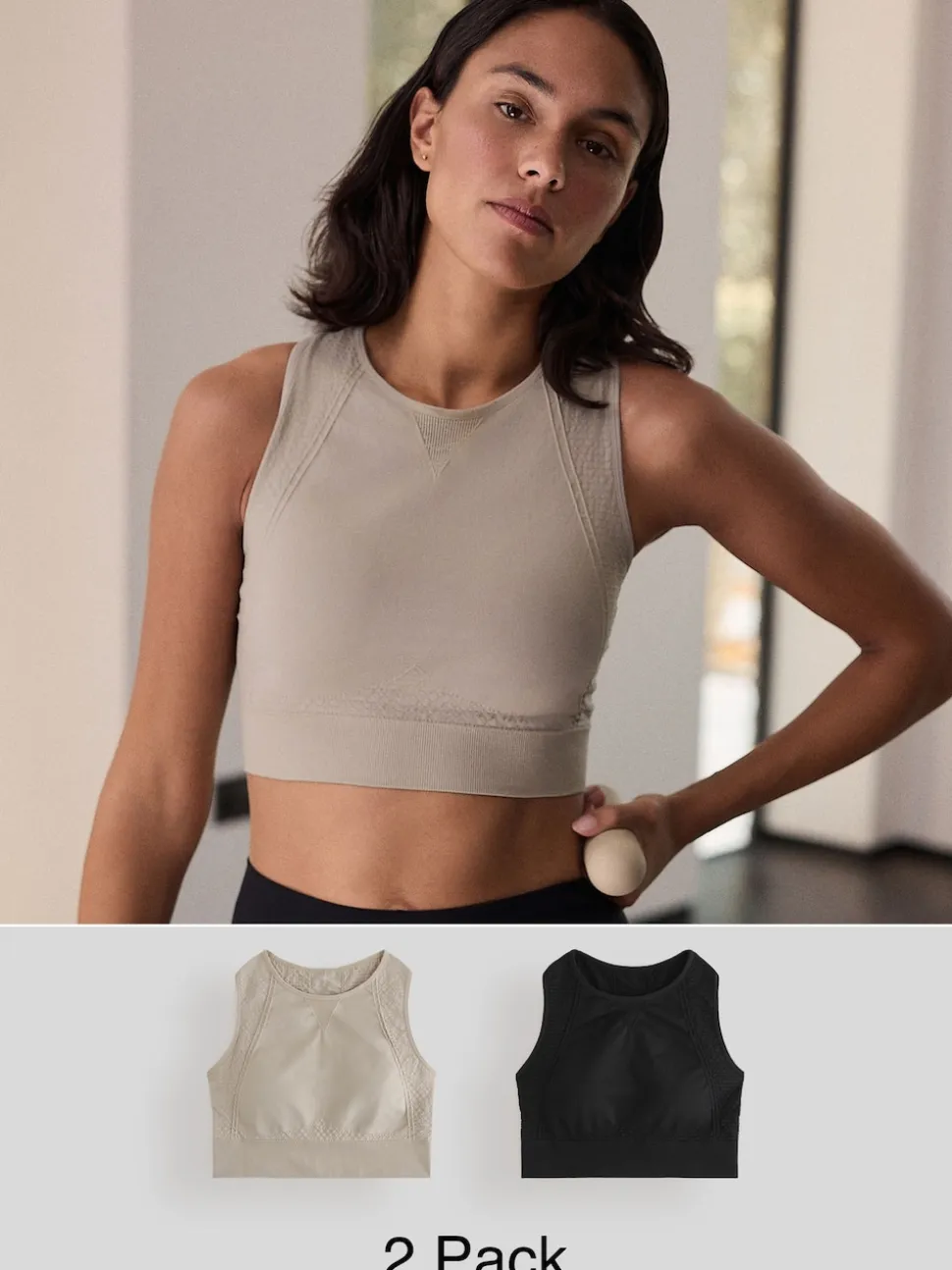 Black/Stone Seamless High Neck Medium Impact Sports Bras 2 Pack