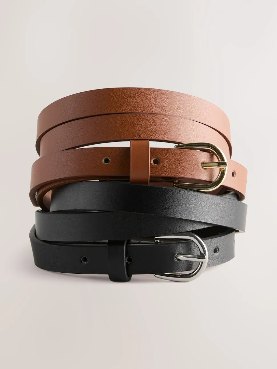 Black/Tan PU Skinny Belts 2 Pack