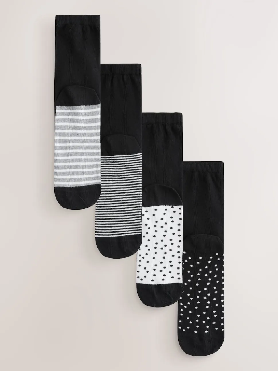Black/White Spots/Stripe Footbed Ankle Socks 4 Pack