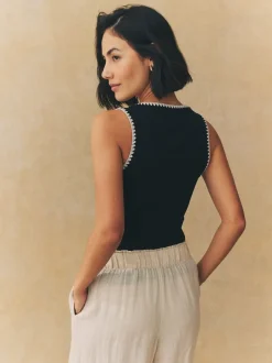 Black/White Contrast Knit Trim Scoop Neck Sleeveless Tank Vest Top