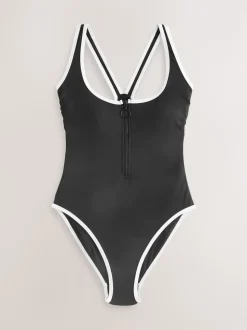 Black/White Contrast Zipped Shaping Tummy Control Swimsuit