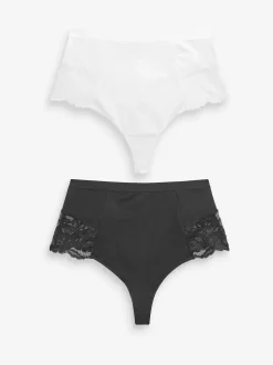 Black/White Cotton Tummy Control Shaping Thong Knickers 2 Pack
