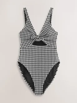 Black/White Crinkle Gingham Cutout Plunge Tummy Control Swimsuit