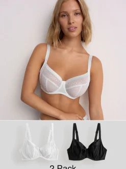 Black/White DD+ Non Pad Balcony Smoothing Animal Mesh Underwired With Side Support Bras 2 Pack
