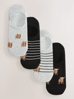 Black/White Hamish The Highland Cow Stripe Invisible Trainer Socks 4 Pack