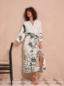 Black/White Heron Linen Blend Lightweight Dressing Gown