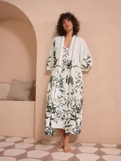 Black/White Heron Linen Blend Lightweight Dressing Gown
