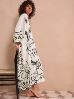 Black/White Heron Linen Blend Lightweight Dressing Gown