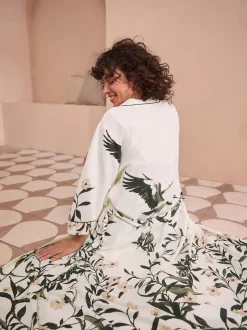 Black/White Heron Linen Blend Lightweight Dressing Gown