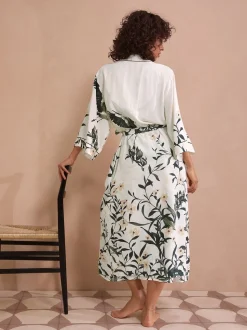 Black/White Heron Linen Blend Lightweight Dressing Gown