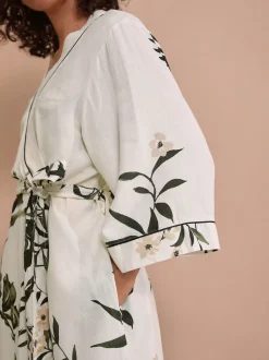 Black/White Heron Linen Blend Lightweight Dressing Gown