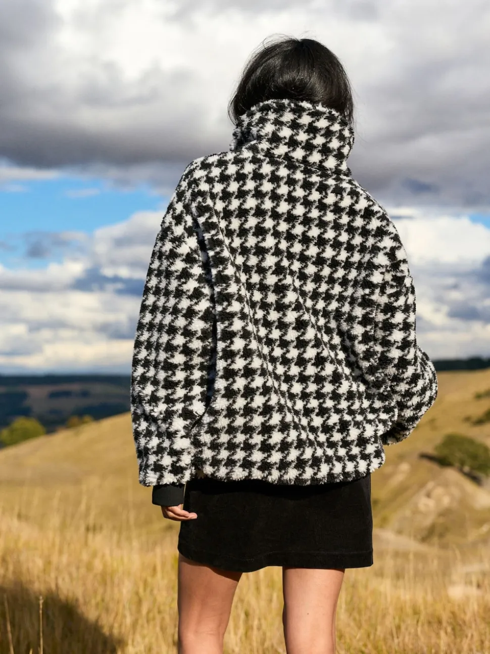 Black/White Houndstooth Check Jacquard Teddy Borg Quarter Zip Fleece Sweatshirt