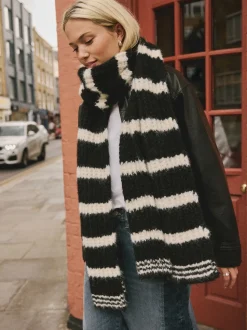 Black/White Knitted Wool Blend Striped Scarf