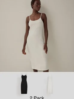 Black/White Long Naturally Cooling Cotton Slips 2 Pack