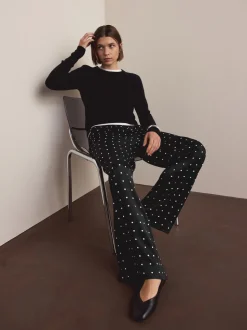 Black/White Polka Dot Satin Tie Waist Wide Leg Trousers