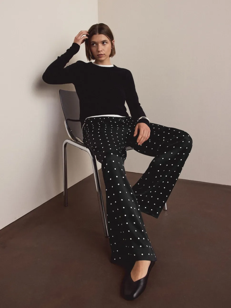 Black/White Polka Dot Satin Tie Waist Wide Leg Trousers