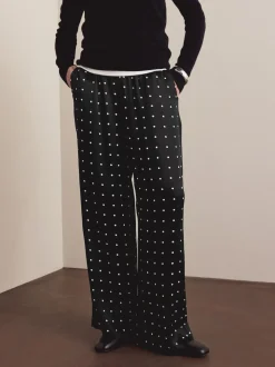 Black/White Polka Dot Satin Tie Waist Wide Leg Trousers