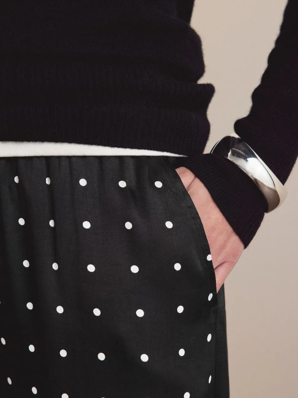Black/White Polka Dot Satin Tie Waist Wide Leg Trousers