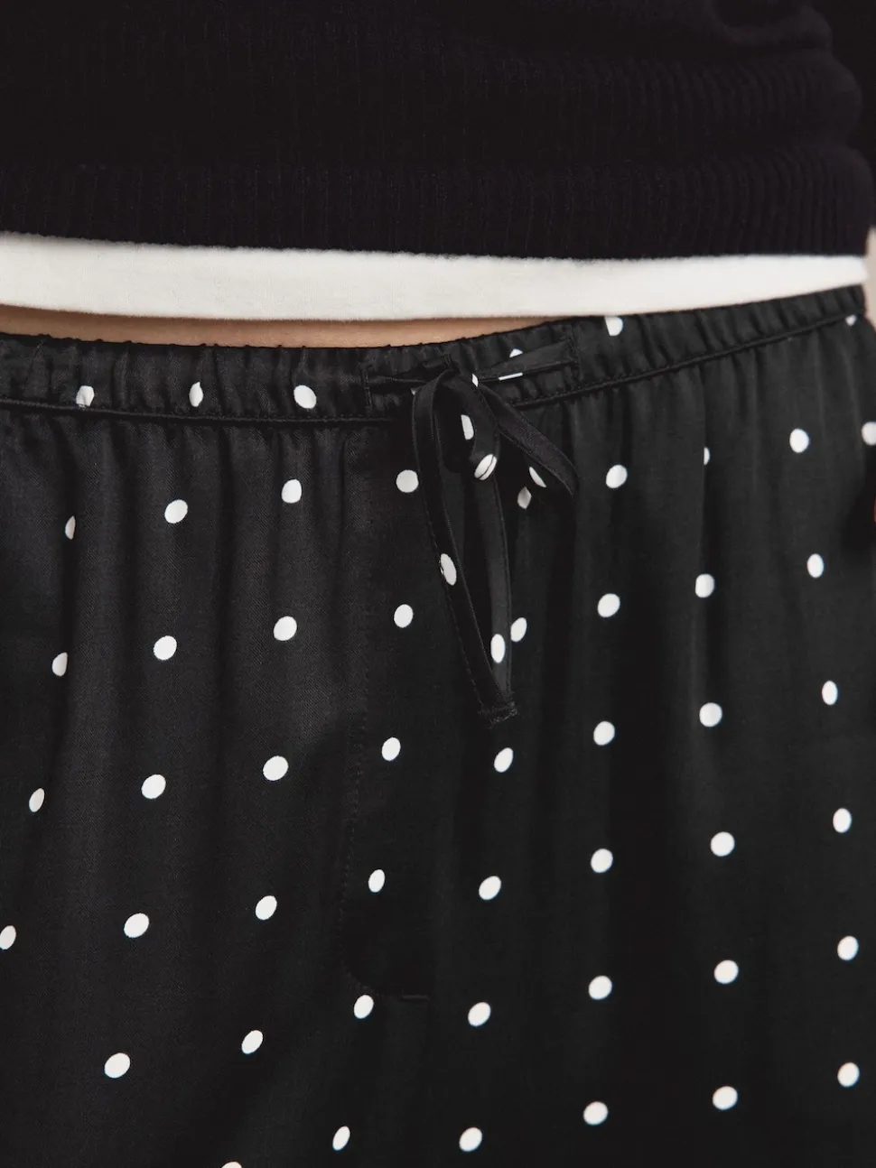 Black/White Polka Dot Satin Tie Waist Wide Leg Trousers