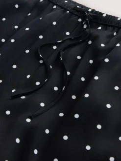Black/White Polka Dot Satin Tie Waist Wide Leg Trousers