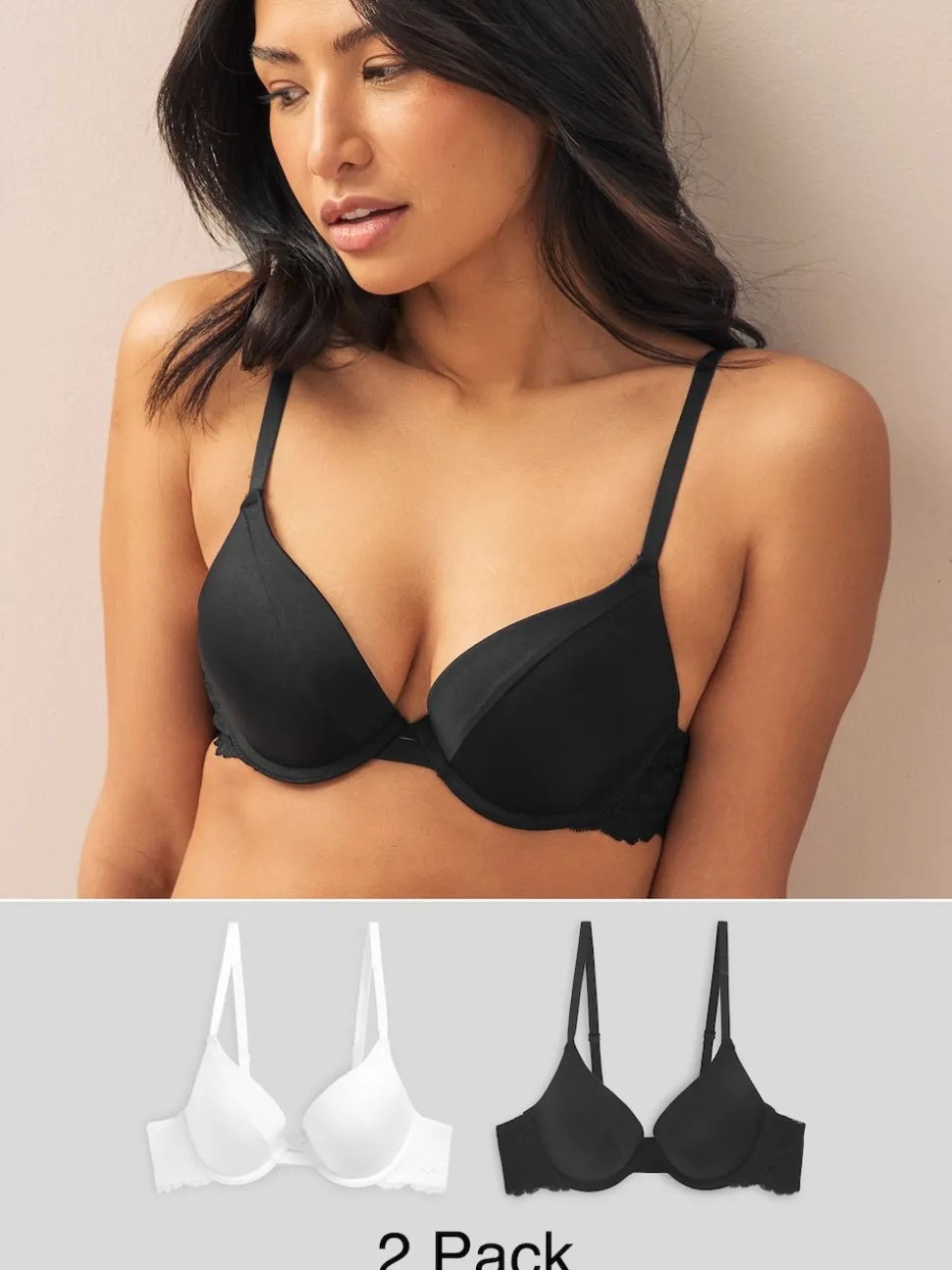 Black/White Push Up Pad Plunge A-E Smoothing T-Shirt Bras 2 Pack