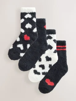 Black/White Red Hearts Cosy Ankle Socks 4 Pack