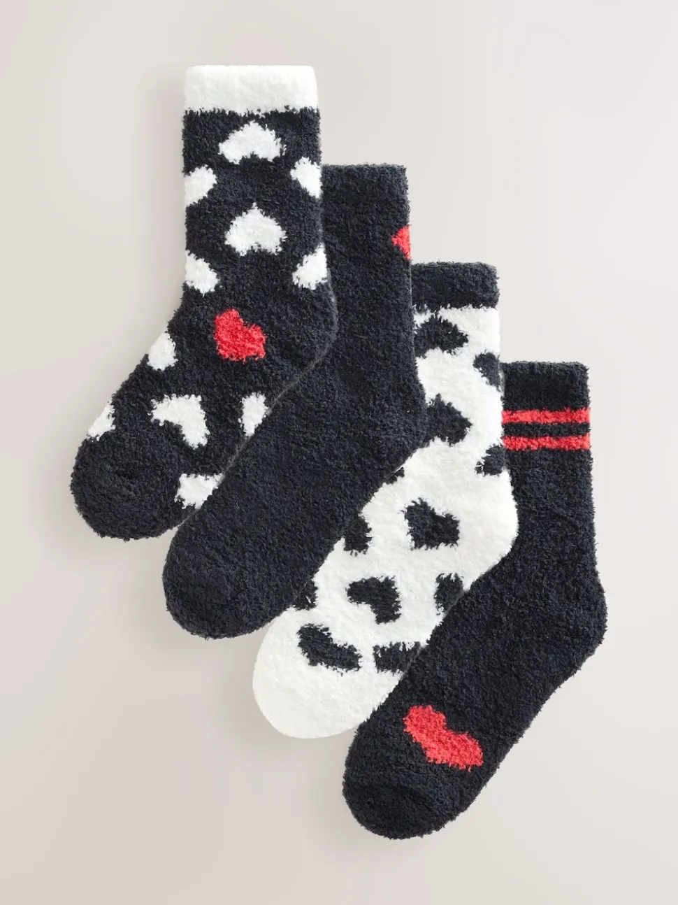 Black/White Red Hearts Cosy Ankle Socks 4 Pack