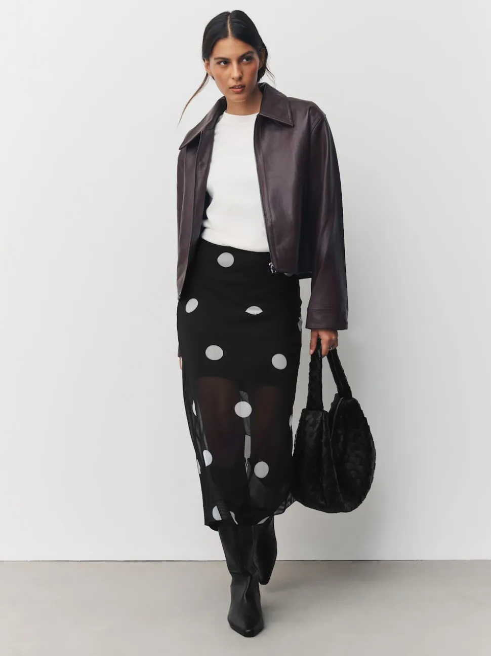 Black/White Spot Mesh Midi Pencil Skirt
