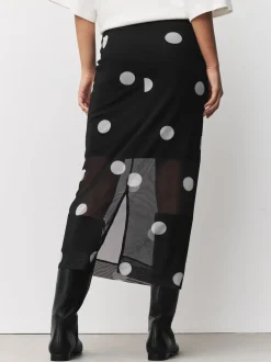 Black/White Spot Mesh Midi Pencil Skirt