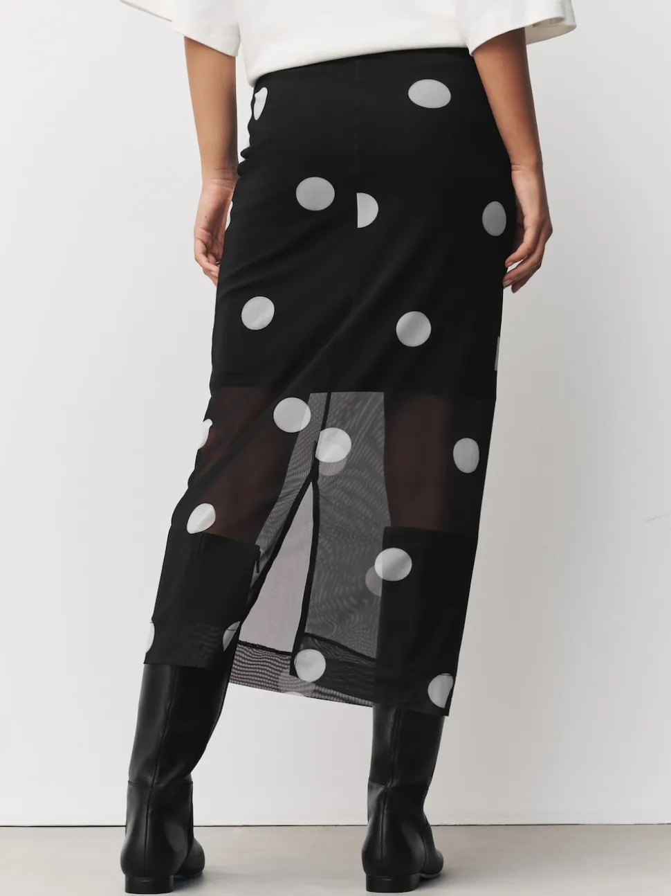 Black/White Spot Mesh Midi Pencil Skirt