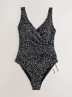 Black/White Spot Ruched Side Tummy Shaping Control Swimsuit