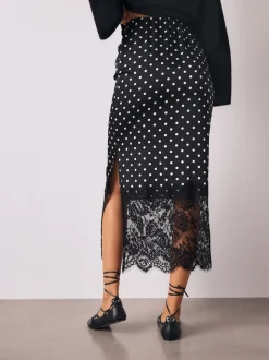 Black/White Spot Satin Midi Skirt With Lace Trim