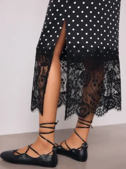Black/White Spot Satin Midi Skirt With Lace Trim