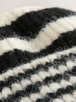 Black/White Stripe Knitted Beanie Hat