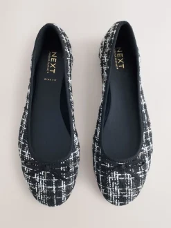 Black/White Tweed Standard/Wide Fit Round Toe Ballerina Shoes
