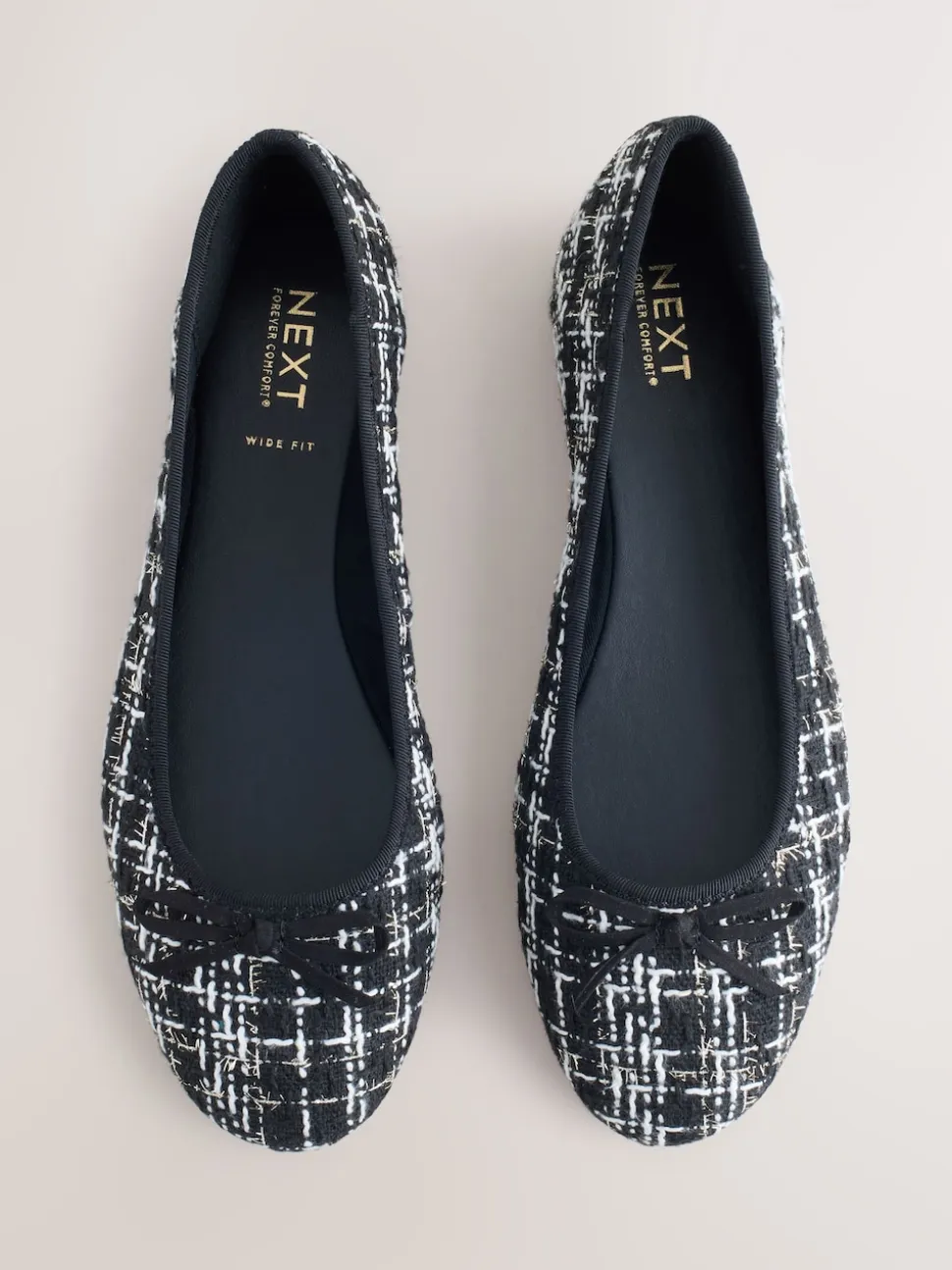 Black/White Tweed Standard/Wide Fit Round Toe Ballerina Shoes