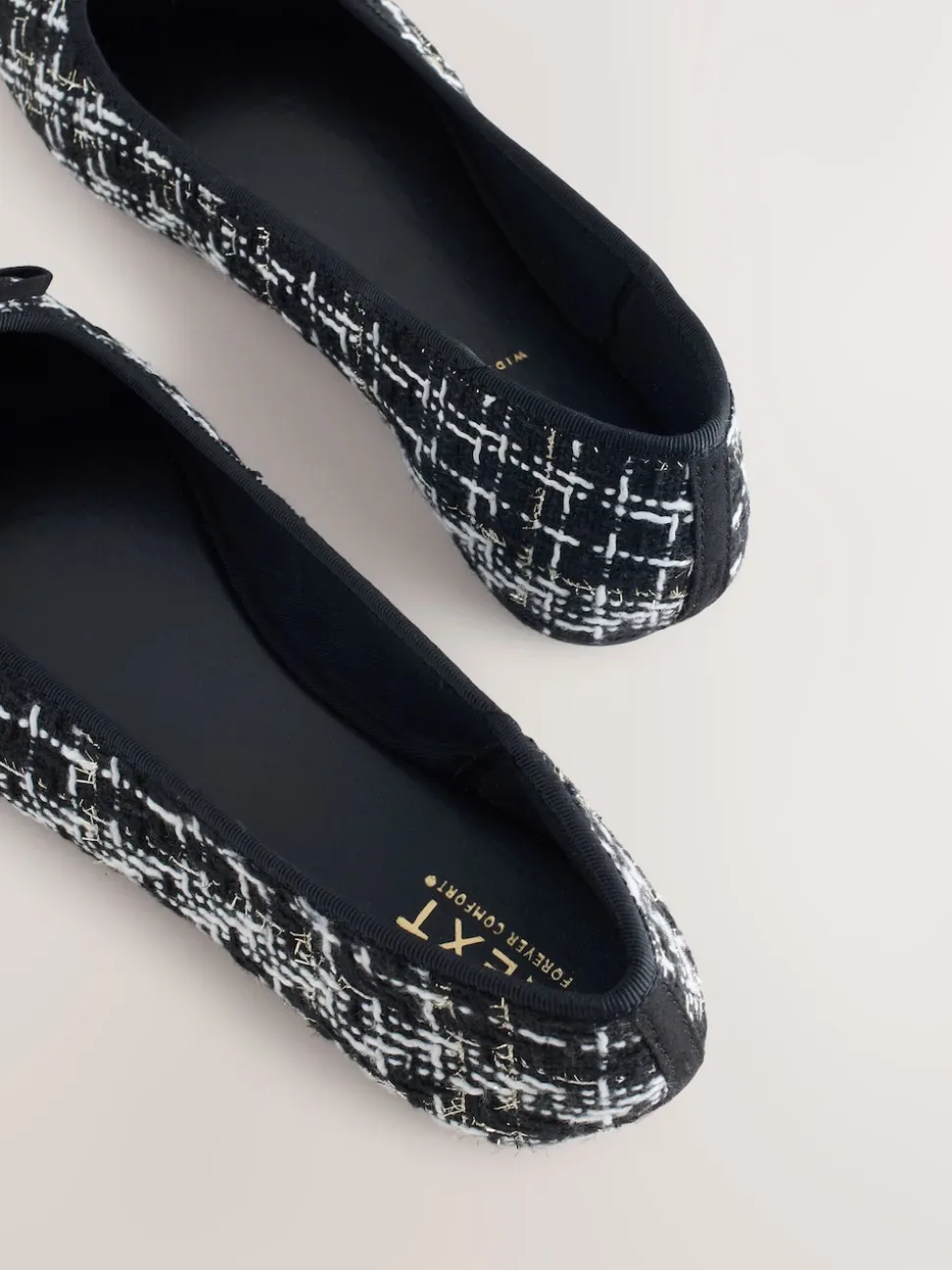 Black/White Tweed Standard/Wide Fit Round Toe Ballerina Shoes